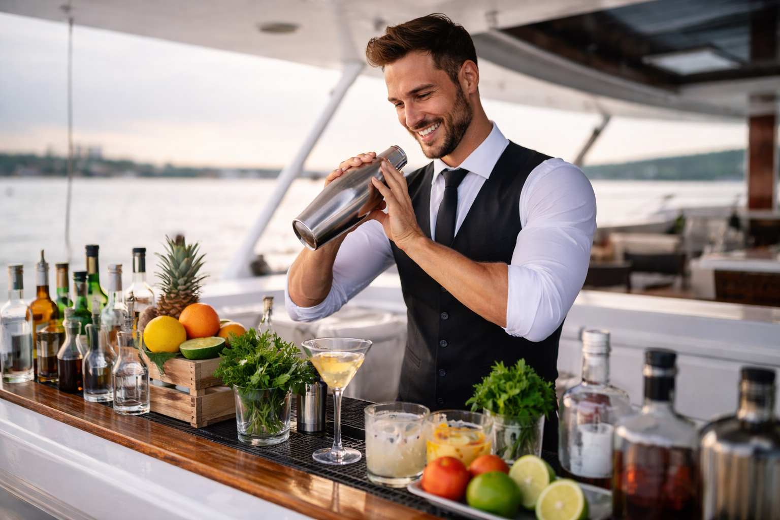 Yacht bartender preparing cocktails on a luxury boat